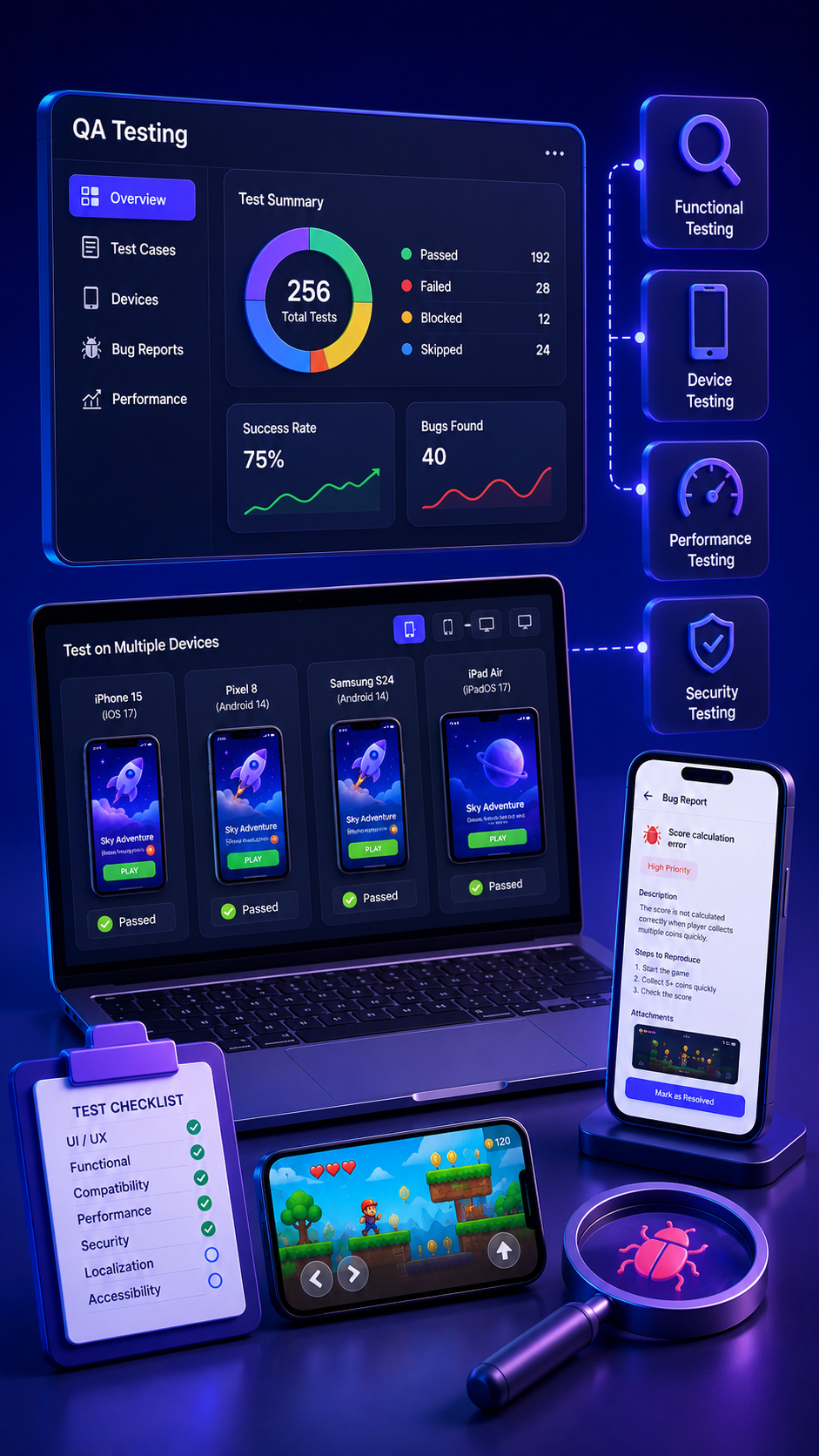 QA testing dashboard and multi-device testing